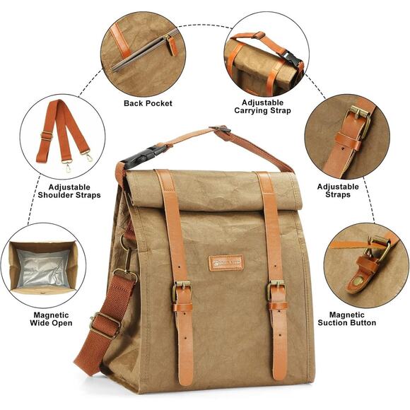 Insulated Lunch Bag, Leakproof Lunch Box for Women Men, Reusable Washable Brown - Picture 6 of 7